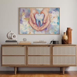 Tooth in Hands Watercolor Canvas Wall Art | Dental Office Decor | Tooth Painting Print | Dentist Clinic Artwork for Professional Spaces