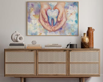 Tooth in Hands Watercolor Canvas Wall Art | Dental Office Decor | Tooth Painting Print | Dentist Clinic Artwork for Professional Spaces