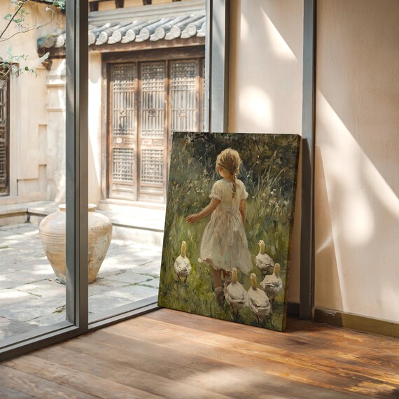 Rustic Canvas Art - Young Girl with Ducks in Meadow, Pastoral Vintage Oil Painting Style, Farmhouse Wall Decor