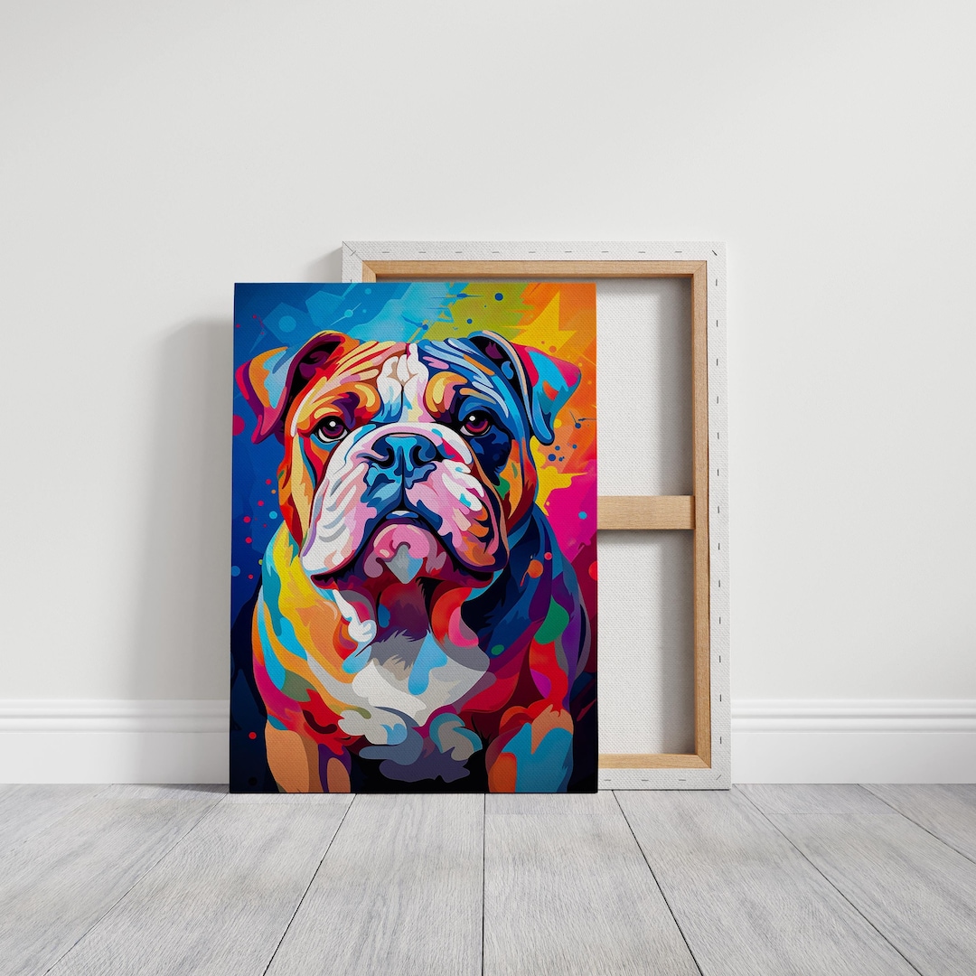 English Bulldog Canvas Wall Art, Cute Colorful Pet Painting
