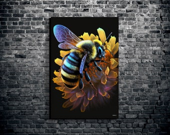 Fuzzy Bee Canvas Wall Art, Bee Pollenating A Flower Wall Art Print, Bee On A Colorful Flower Large Canvas 1.5"