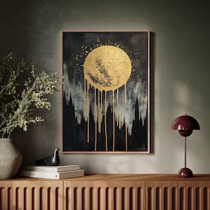 Gold Moon Dripping Canvas Wall Art, Abstract Lunar Print with Metallic Texture, Black and Gold Night Sky Poster, Modern Celestial Decor