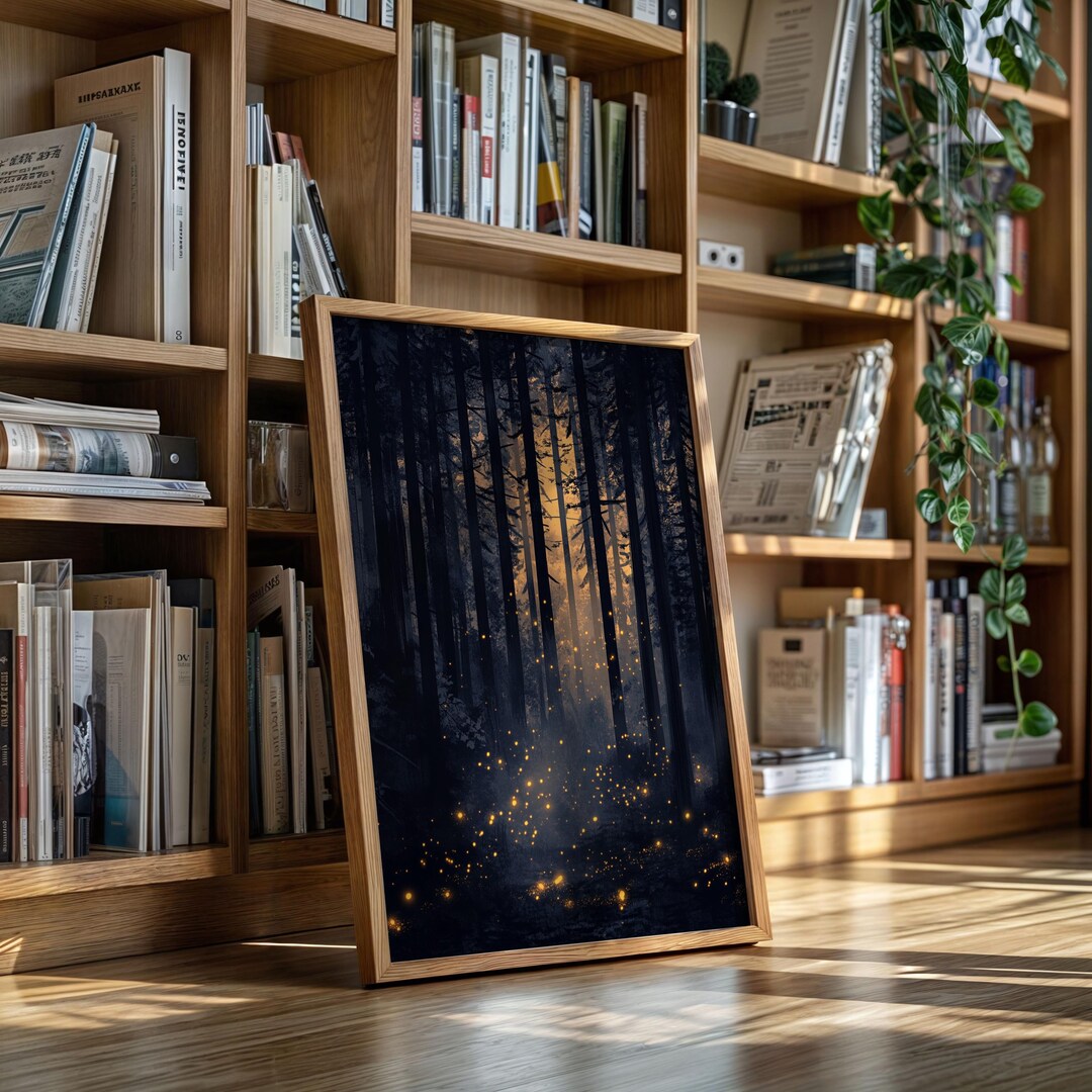 Firefly Forest Canvas Wall Art | Glowing Light in Dark Trees Poster ...