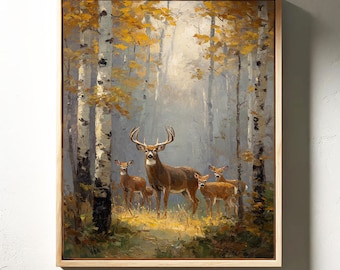 Deer Family Forest Painting | Rustic Woodland Canvas Wall Art