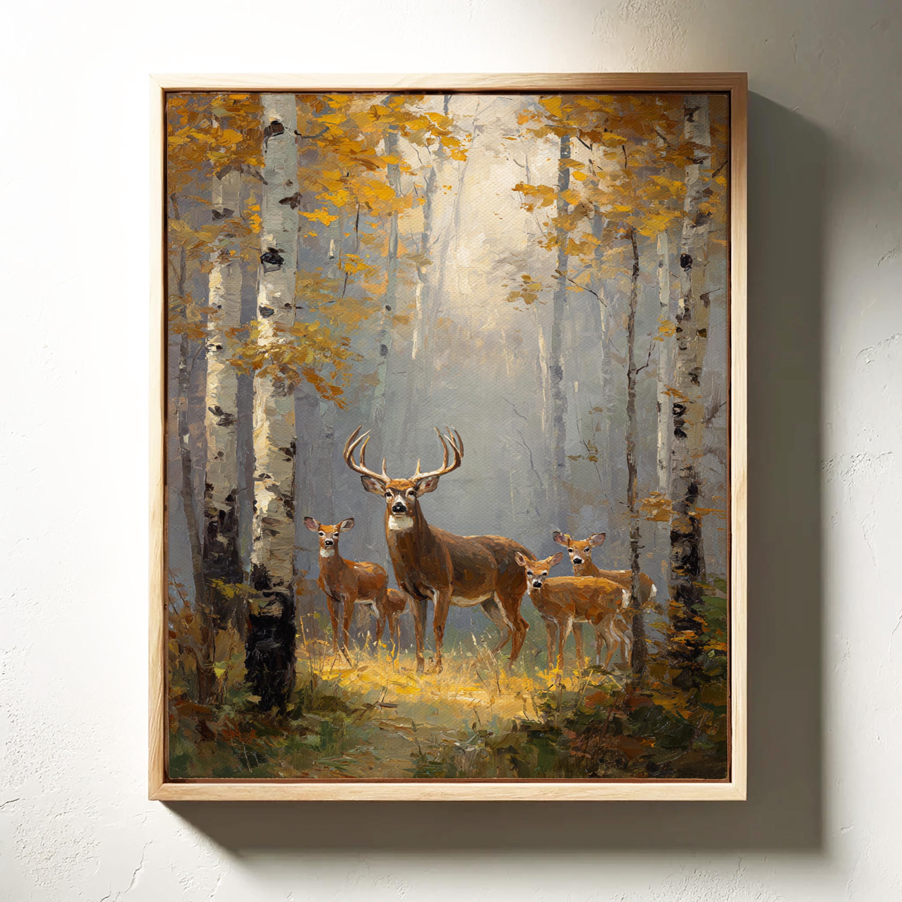 Deer Family Forest Painting | Rustic Woodland Canvas Wall Art - Etsy