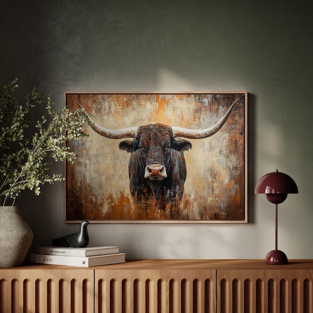 Rustic Longhorn Steer Wall Art on Textured Canvas | Western Cowboy