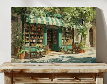 Charming Paris Café Canvas Wall Art | Vintage French Bistro Storefront with Flowers & Outdoor Seating | European Street Scene Décor