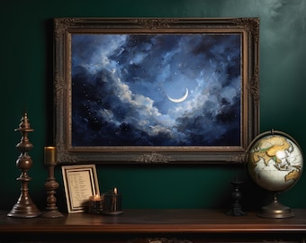 May include: A framed painting of a night sky with a crescent moon and clouds hangs above a wooden table. The table holds a globe, candles, and a small framed document. The backdrop is a dark green wall.