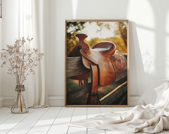 Western Saddle Canvas Print – Rustic Cowboy Tack Wall Art, Sunlit Leather Detail, Farmhouse Country Western Decor