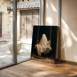 Ghost on Wooden Swing | Whimsical Halloween Wall Art