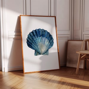 Blue Seashell Watercolor Wall Art, Coastal Beach Decor with Ocean Shell Print in Nautical Tones for Bathroom, Bedroom, or Beach House