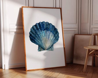 Blue Seashell Watercolor Wall Art, Coastal Beach Decor with Ocean Shell Print in Nautical Tones for Bathroom, Bedroom, or Beach House