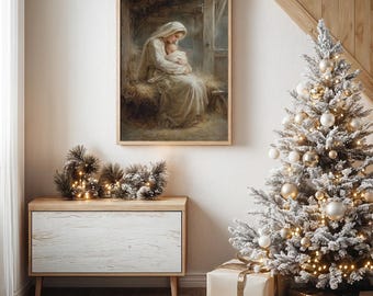 Könnte beinhalten: Ein gerahmter Druck einer religiösen Szene, die eine Frau in einem weißen Gewand zeigt, die ein Baby hält. Das Kunstwerk wird an einer weißen Wand neben einem geschmückten Weihnachtsbaum mit goldenen und weißen Ornamenten gezeigt. Unter dem Druck befindet sich ein Holzschrank mit einer dekorativen Anordnung.