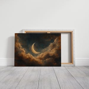 Crescent Moon and Golden Clouds Canvas Art - Dreamy Night Sky Wall ...