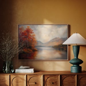 Autumn Lake Mountain Canvas | Fall Landscape Wall Art | Rustic Nature Scene | Tranquil Forest Print | Vintage Oil Style Painting