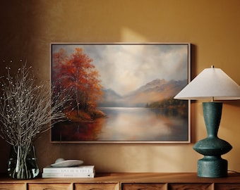 Autumn Lake Mountain Canvas | Fall Landscape Wall Art | Rustic Nature Scene | Tranquil Forest Print | Vintage Oil Style Painting