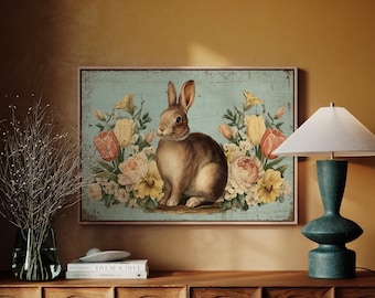Art mural vintage sur toile lapin - imprimé floral lapin avec tulipes et pivoines pastel pour chambre de bébé Cottagecore ou décoration de ferme de Pâques