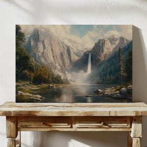 Majestic Waterfall Cascading Through Rugged Mountains with Reflections in a Tranquil River