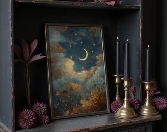 Celestial Moon Canvas Wall Art, Night Sky Painting, Crescent Moon and Stars Print, Dreamy Sky Decor, Mystical Celestial Artwork
