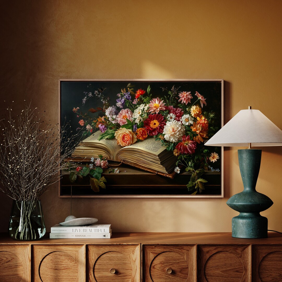 Vintage Floral Still Life With Open Book - Romantic Botanical Canvas ...