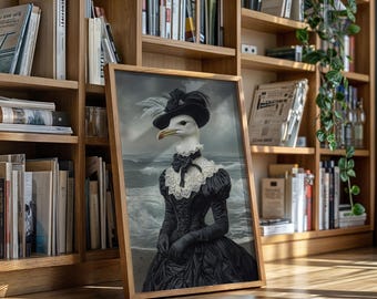 May include: A framed artwork featuring a seagull in Victorian attire, set against a seascape backdrop. The seagull wears a black hat with feathers, a black dress with lace trim, and black gloves. The artwork is displayed in a wooden frame.