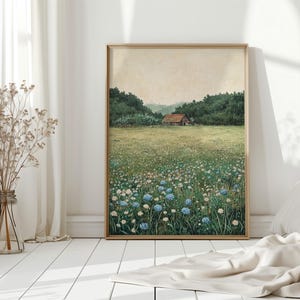 Rustic Cabin in Wildflower Meadow – Peaceful Countryside Landscape Canvas Wall Art with Blue Blossoms and Serene Forest Backdrop