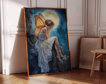 Fairy Canvas Wall Art with Monarch Wings, Dreamy Moonlight Fantasy Painting, Enchanted Forest Decor for Whimsical Bedroom or Nursery