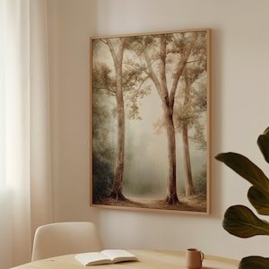 Lienzo de bosque brumoso, decoración de pared de bosque vintage, impresión de sendero de árboles serenos, póster de paisaje neutro, arte de pared inspirado en la naturaleza