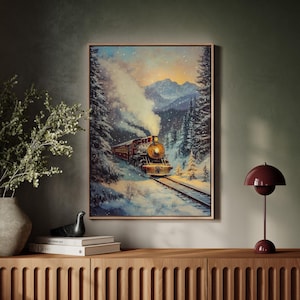 May include: A vintage steam train travels through a snowy forest landscape. The train is red and black with white smoke billowing from its chimney. The trees are covered in snow and the ground is covered in a layer of white snow.