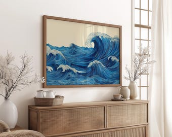 May include: A framed artwork depicting stylized ocean waves in shades of blue and white. The artwork is displayed above a wooden cabinet with decorative items, including vases and a woven basket.