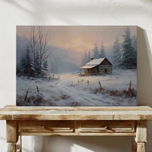 Snowy Cabin in Forest Canvas – Winter Log Cabin Landscape Wall Art, Peaceful Frosty Morning Painting, Rustic Christmas Woodland Décor