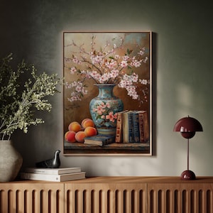 Elegante jarrón de flores de cerezo, naturaleza muerta, lienzo, fruta de melocotón, libros antiguos, arte de inspiración asiática, pintura al óleo vintage floral, decoración de pared