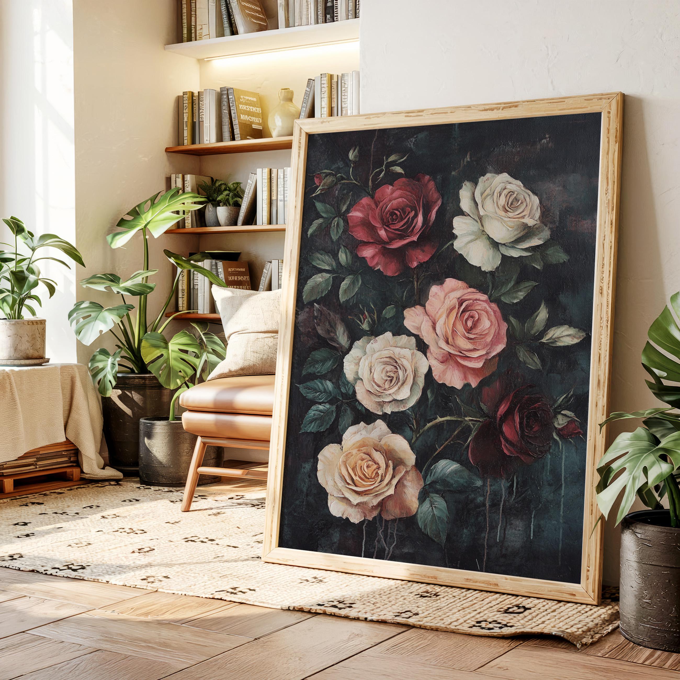 Antique Rose Wall Arrangement ウォールアート Vintage Rose Bouquet Wall Art – Antique Floral Canvas With Red