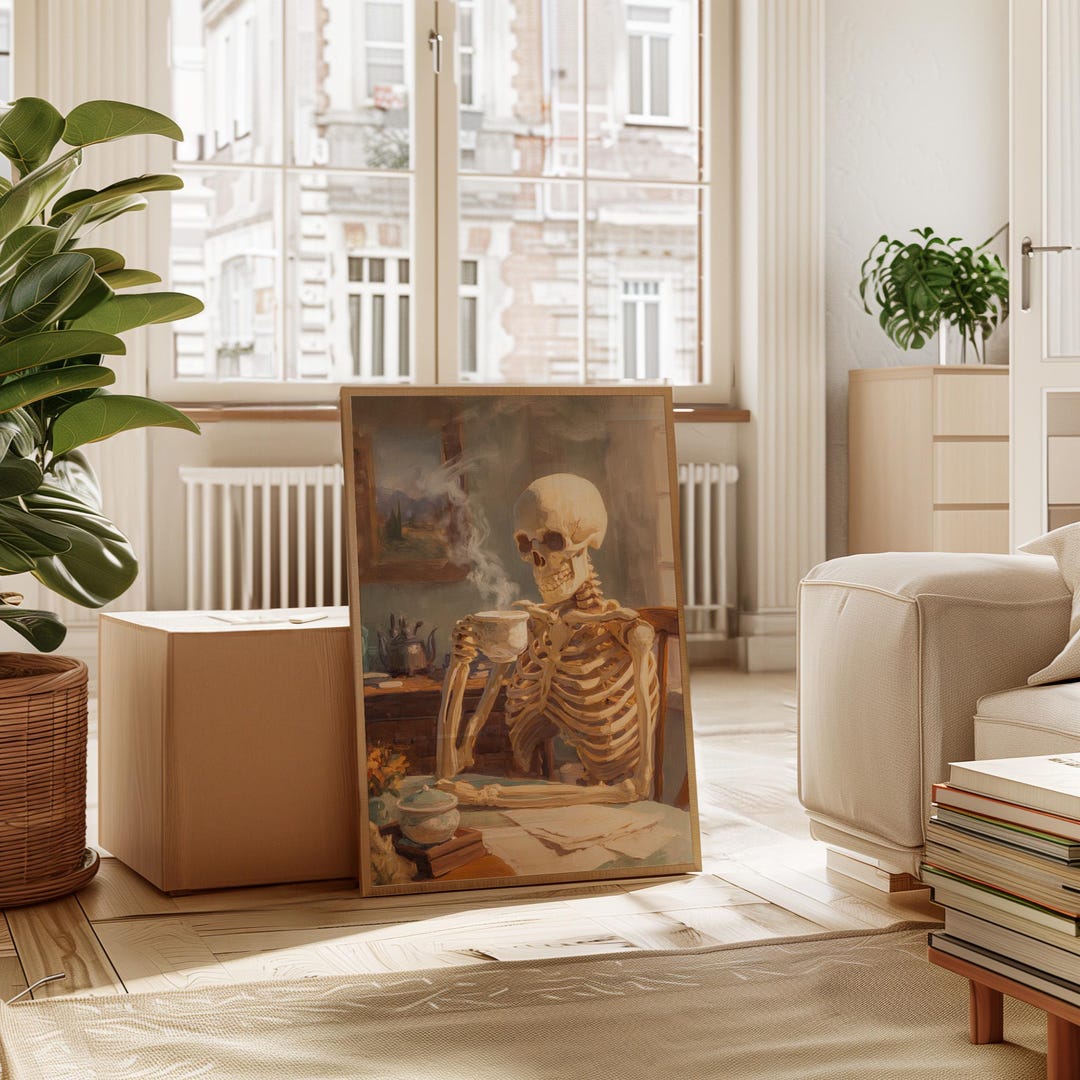 Skeleton Making Tea Skeleton Drinking Tea | Whimsical Gothic Halloween Wall Art in Vintage ...