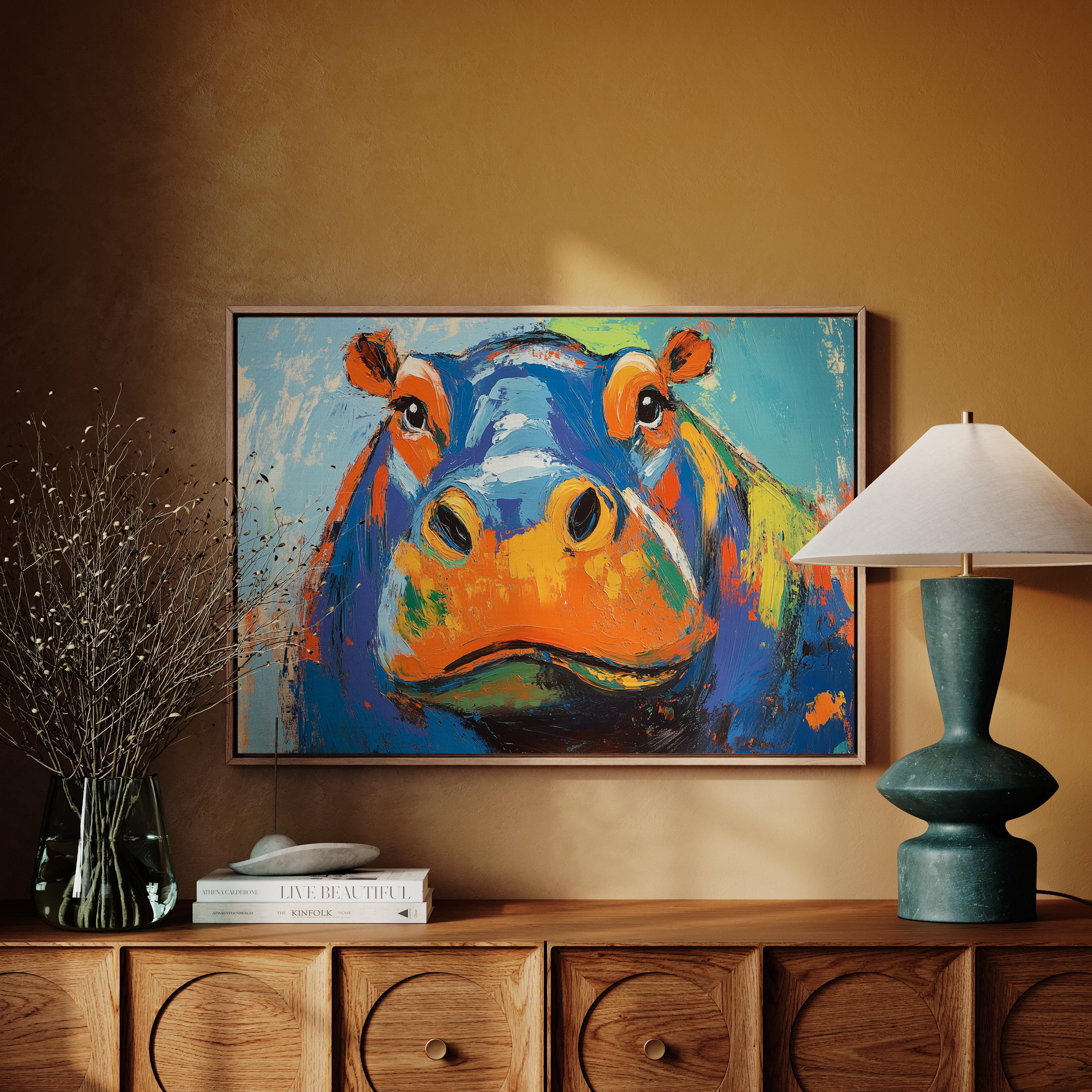 Vibrant Abstract Hippo Portrait - Bold Colors Modern Art Print Canvas ...