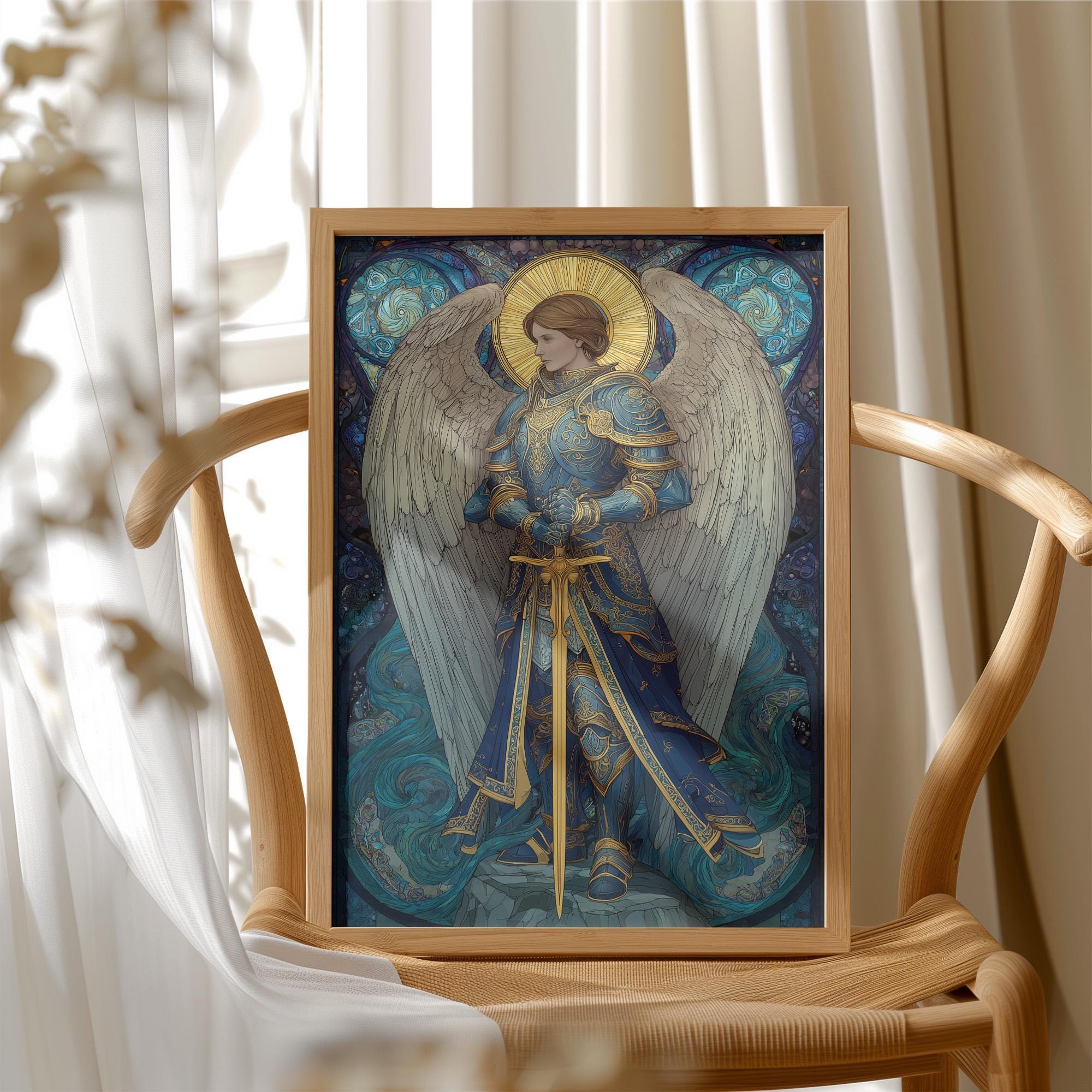 青と金の鎧をまとった大天使ミカエルの神聖な芸術 - Etsy 日本