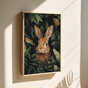 Rustic Rabbit Portrait Among Lush Greenery – Woodland Animal Wall Art for Nature-Inspired Decor, Vintage Botanical Canvas Print