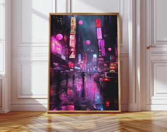 Cyberpunk Neon City Street Szene Leinwand – Regnerische Nacht Urban Kunst mit Regenschirmen, Spiegelungen & schwebenden rosa Kugeln