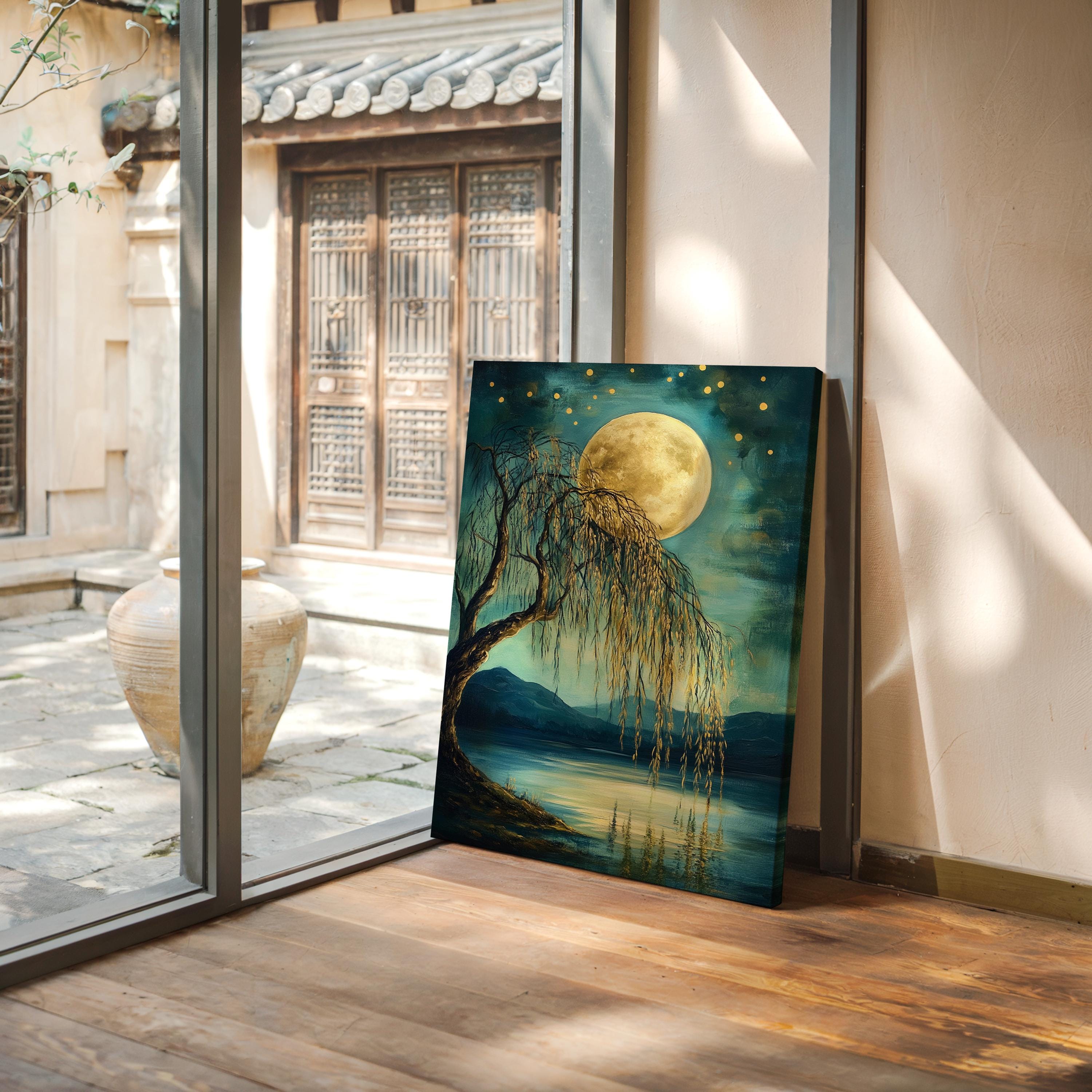 Enchanting Moonlit Willow Tree – Serene Nature Canvas Art With Glowing ...