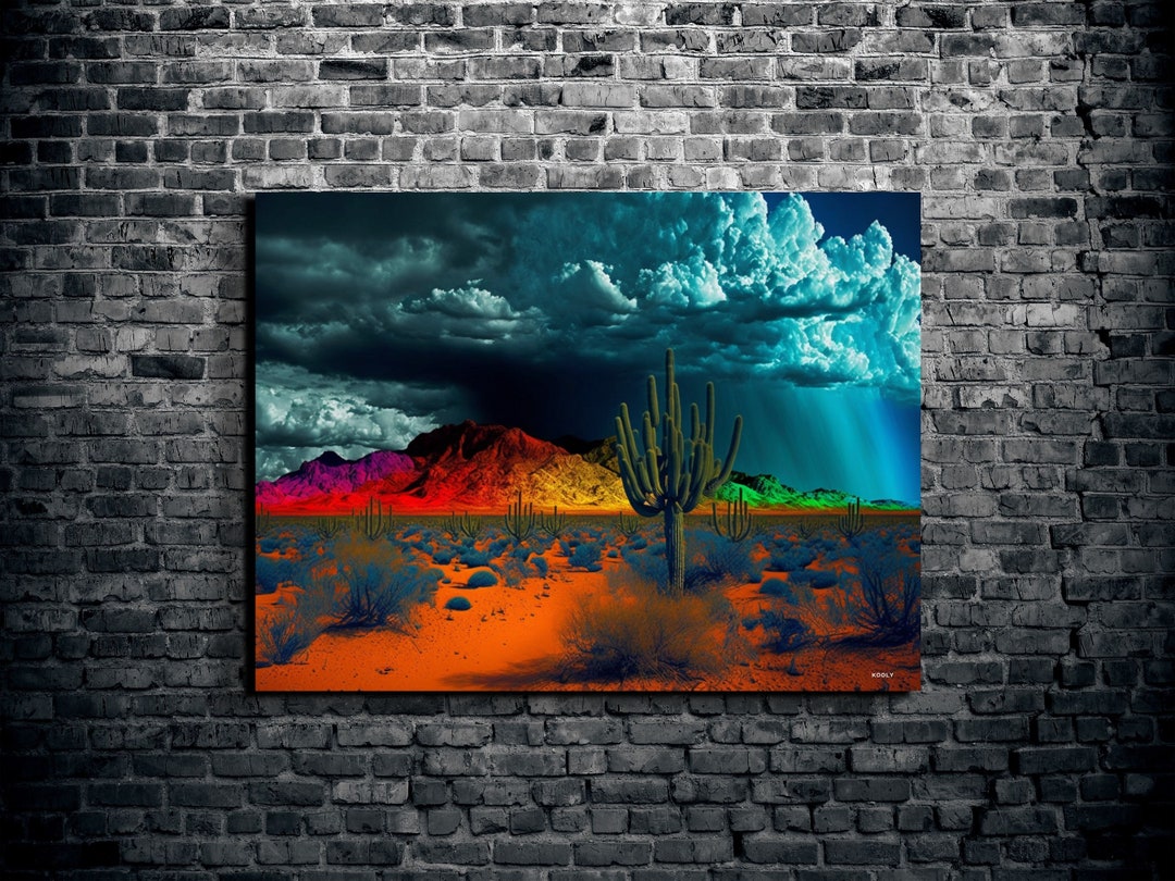 Rainbow Colored Southwest Desert Canvas Wall Art, Colorful Mountains With Cactus and Clouds Home