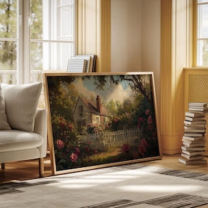 Cottagecore Canvas Wall Art, Vintage Floral Home Print, English Garden House, Romantic Country Scene, Cozy Farmhouse Decor