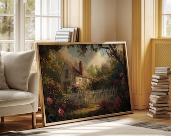 May include: A painting of a white cottage with a picket fence surrounded by lush greenery and pink roses. The cottage has a brown roof and a chimney. The painting is framed in a wooden frame.
