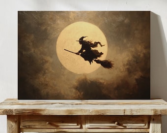 Witch Flying Past Full Moon Art Print, Halloween Wall Decor, Spooky Witch Silhouette Painting, Dark Sky Gothic Witch Artwork