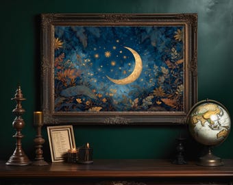 Golden Crescent Moon in an Enchanted Night Garden