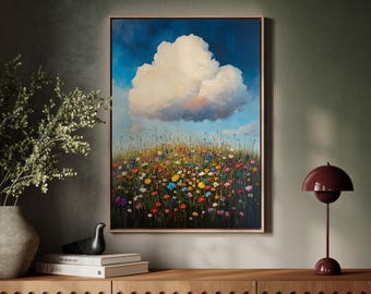 Champ de fleurs sauvages éclatant avec paysage de nuages lumineux | Art mural sur toile nature | Peinture florale de paysage pour le salon ou la chambre à coucher