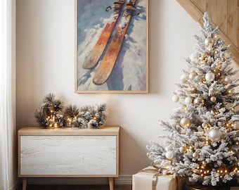Vintage Wooden Skis in Snow
