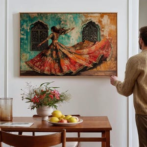 Indian Dance Wall Art, Elegant Lehenga Canvas, Cultural Boho Decor, Vibrant Motion Painting, Exotic Heritage Artwork