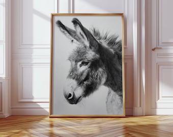 May include: Framed monochrome print of a donkey's head. The detailed pencil sketch highlights the donkey's fur and features. The frame is light brown, and the print is displayed on a wooden floor. The artwork is in a room with white walls.