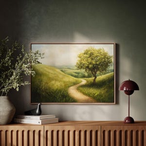 Serene Countryside Path, Rolling Hills Landscape Print, Rustic Farmhouse Wall Art, Vintage Oil Painting, Nature Decor