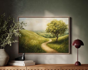 Serene Countryside Path, Rolling Hills Landscape Print, Rustic Farmhouse Wall Art, Vintage Oil Painting, Nature Decor - Etsy